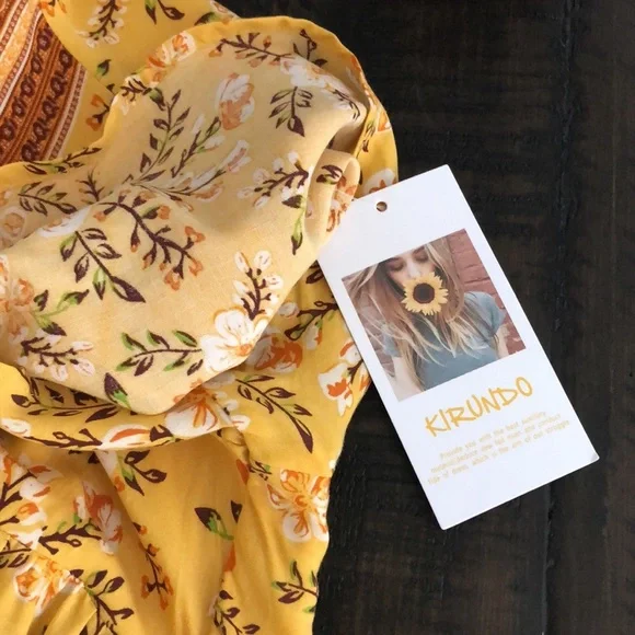 Kirundo Mini Dress Bohemian Short Sleeve Size Large Mustard Floral New - Picture 13 of 13